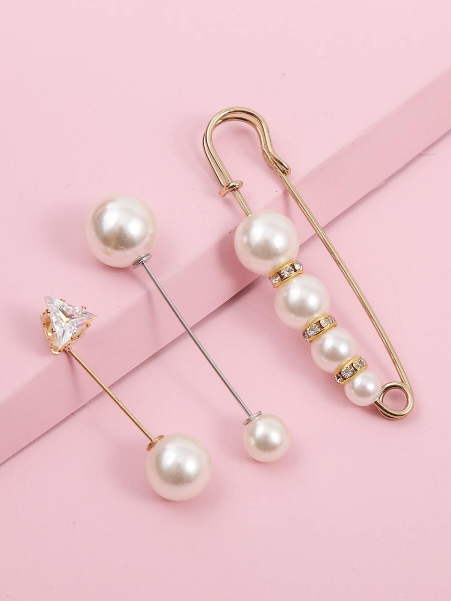 3pc Safety Pin Pearl and Diamond Brooch- Large